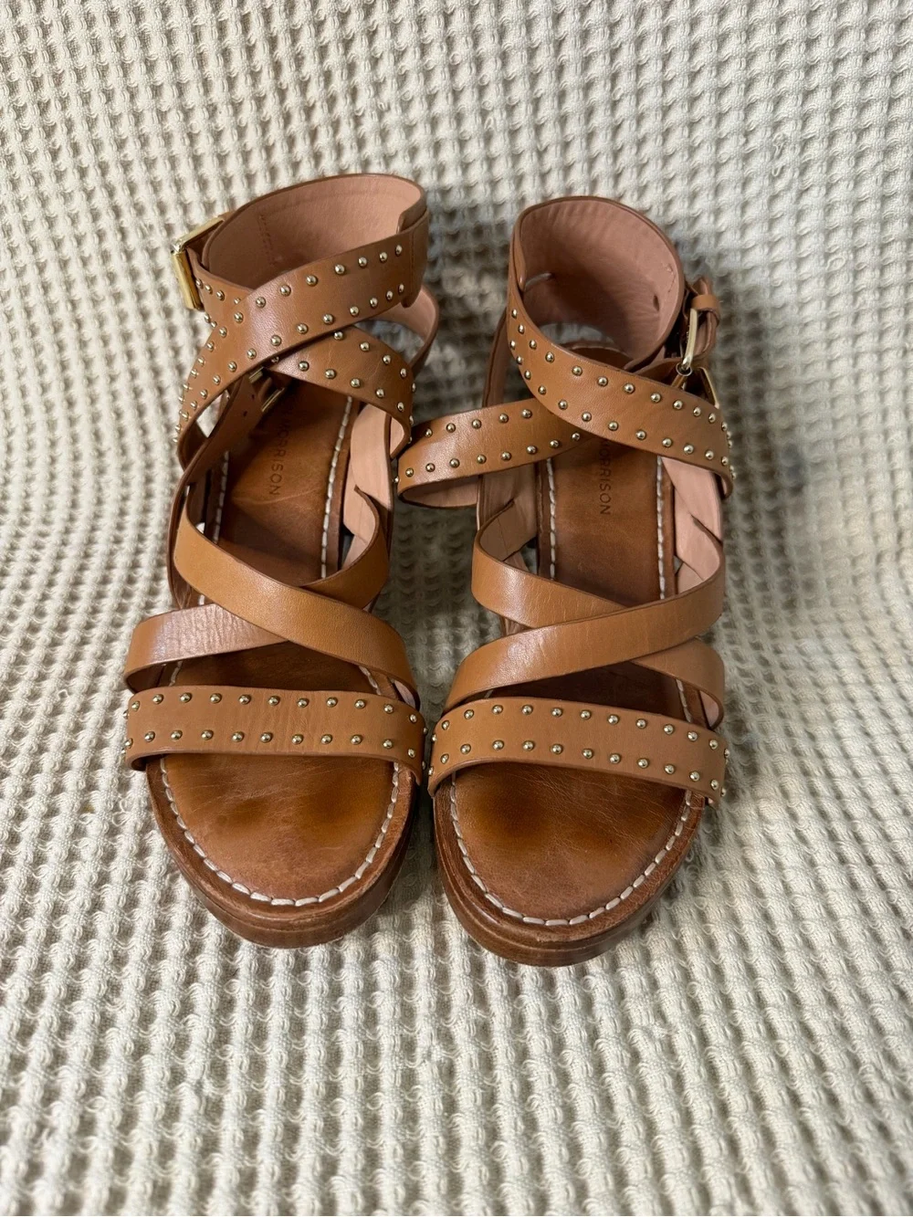 Sigerson Morrison Studded Leather Block Heel Sandals Tan Size 9B Designer Shoes - Picture 1 of 11